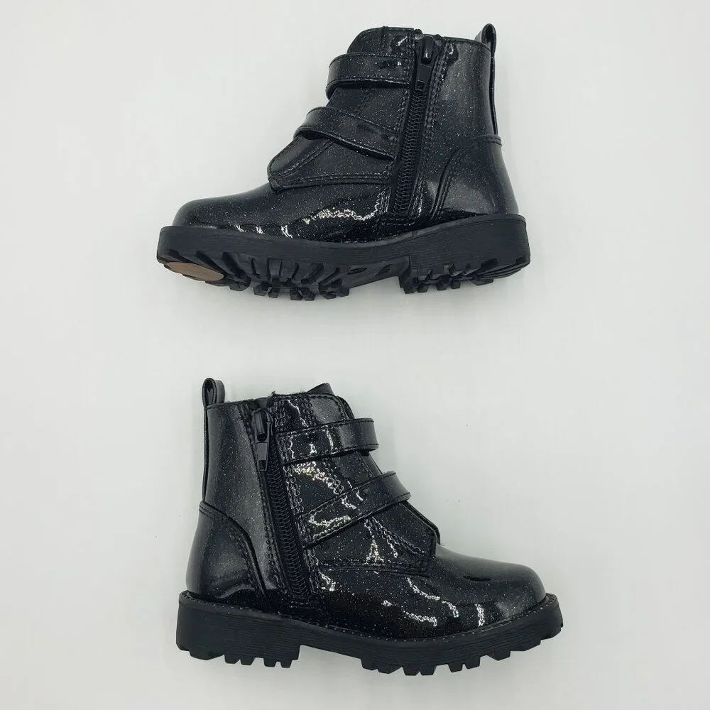 Self Esteem Girls Glitter Patent Leather‎ Star Moto Combat Boots
